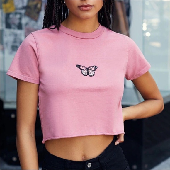 Brandy Melville Helen Butterfly Crop Embroidered Baby Tee Pink Short Sleeve-OS - Picture 1 of 10